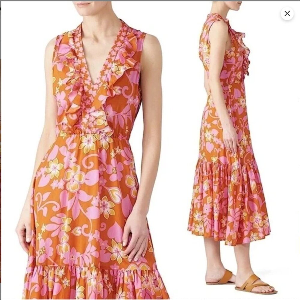 WARM Tropical Floral Sleeveless Sierra Ruffled Tiered Midi Dress Size Small